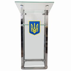 Трибуна для виступів TRIUMF зі скляним фасадом та гербом 