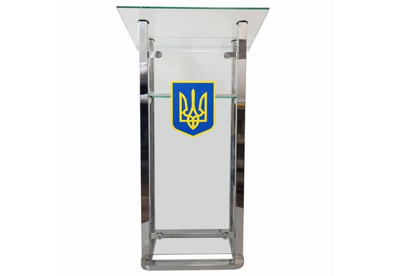 Трибуна для выступлений TRIUMF со стеклянным фасадом и гербом 